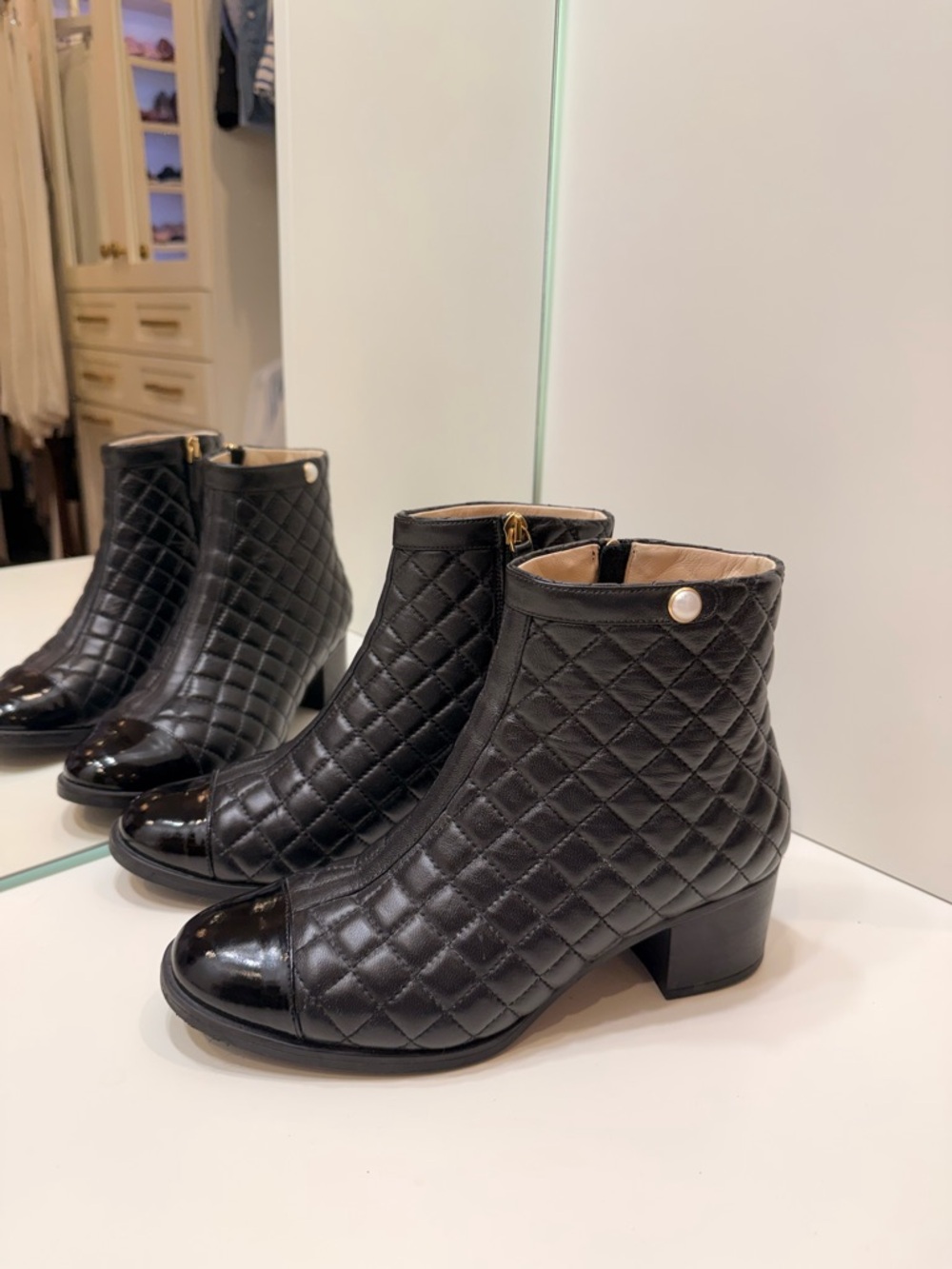 Quilted Black Ankle Booties with Pearl Detail